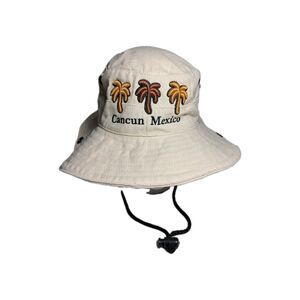 Frank's Cancun Mexico Men's Boonie Hat Beige  Drawstring Embroidered Palms OSFM